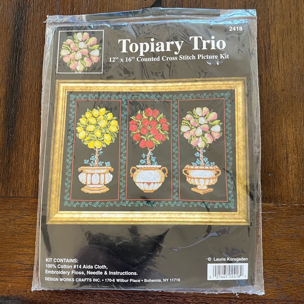 Topiary Trio | Floral | Green Ivy Border | 12”x 16” | Counted Cross Stitch
